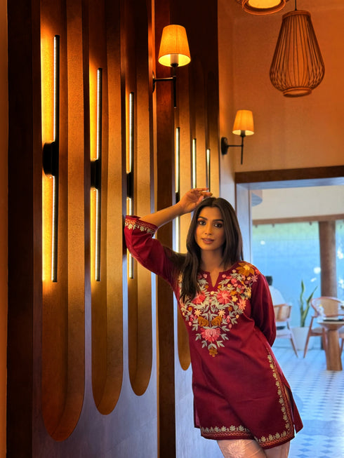 Aditi in Kashmiri Aari Work Cotton Short Kurta – Maroon